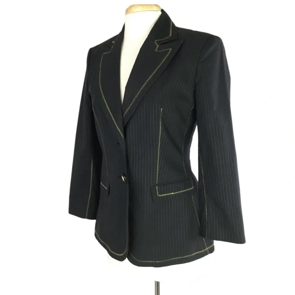 Roberto Cavalli Blazer Womens 44 Black Pinstripe Gold Stitching Snakeskin Liner - Picture 2 of 11